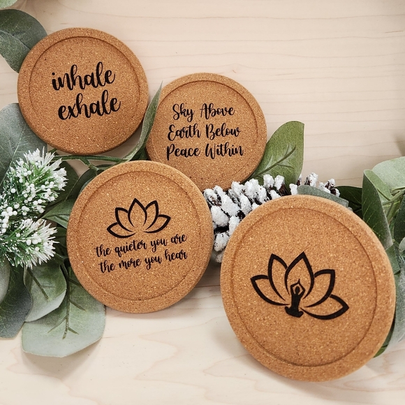 ZEN / YOGI GIFT!!! Laser Engraved Cork Coaster Set - Namaste - Picture 1 of 10